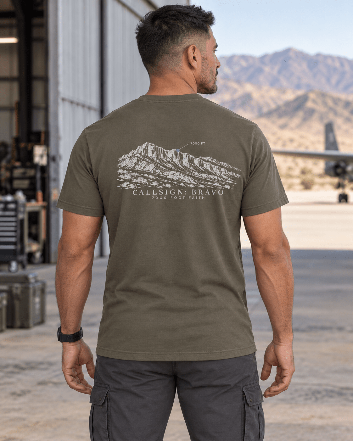 Army Zagros Ridgeline Silver CALLSIGN: BRAVO tee — male model outdoors, back view