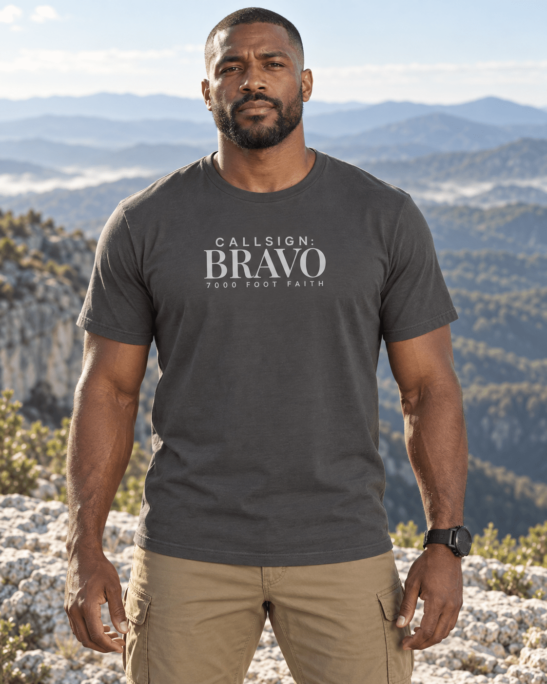 Asphalt Zagros Ridgeline Silver CALLSIGN: BRAVO tee — male model in mountains, front view