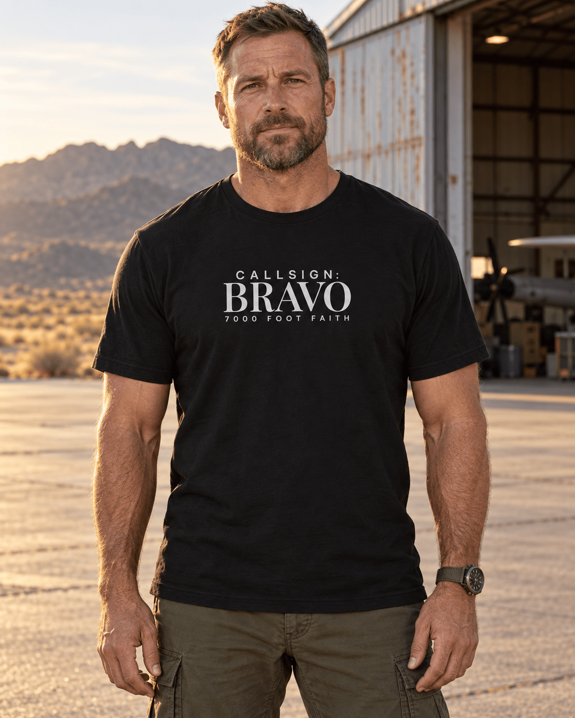 Black Zagros Ridgeline Silver CALLSIGN: BRAVO tee — male model outdoors, front view