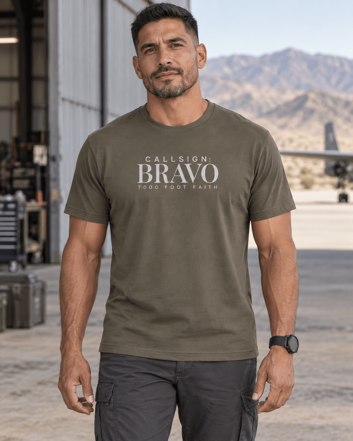 Army Zagros Ridgeline Silver CALLSIGN: BRAVO tee — male model outdoors, front view